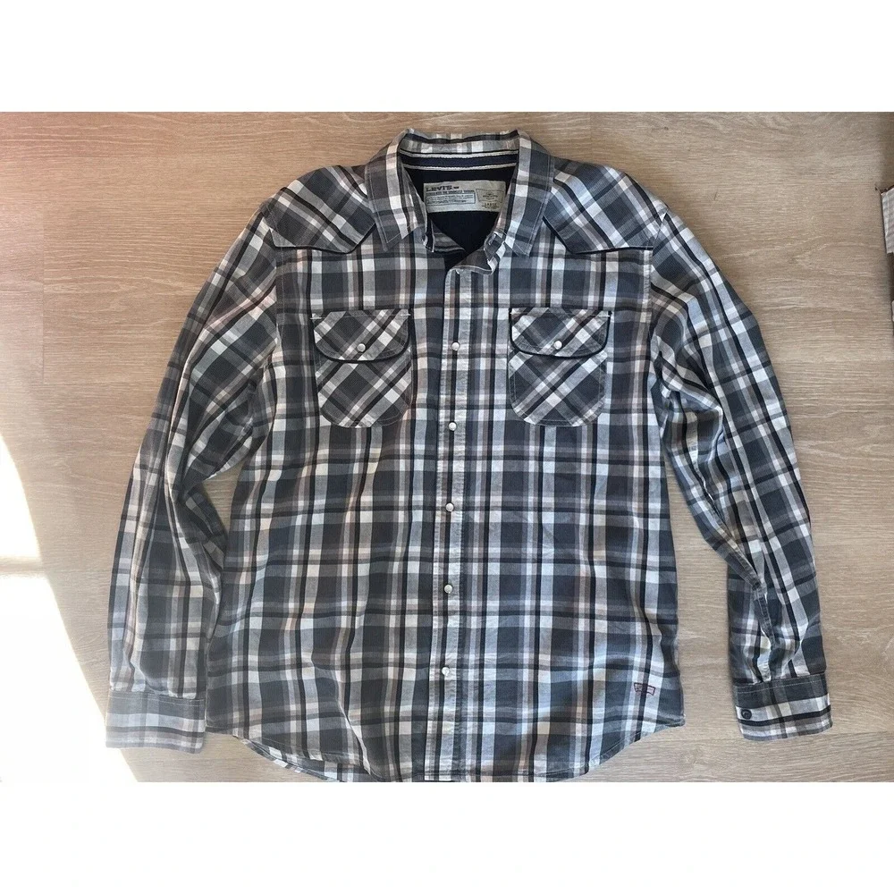 Levis Men L Western Pearl Snap Button up  Shirt Plaid Cotton Piping‎ CowBoy Gray